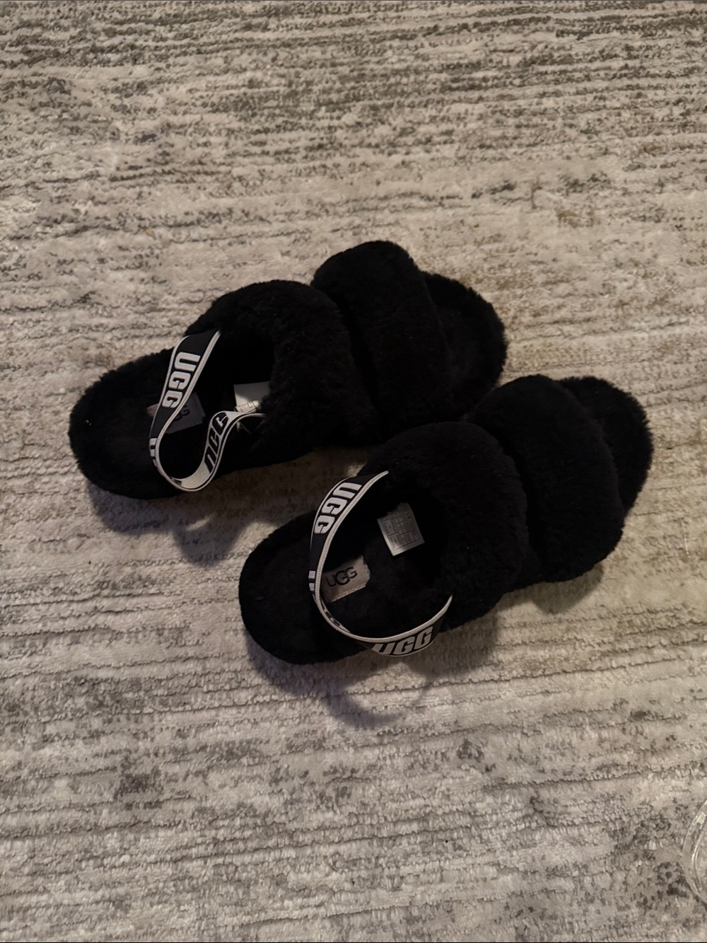 UGG Black Fluff Slide Sandals with Branded Heel Strap